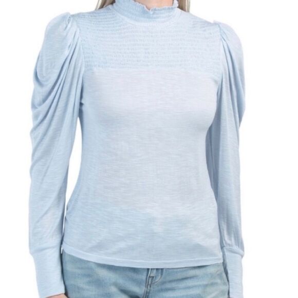 7 for all Mankind blue smoked mock neck puff shoulder top - Picture 1 of 9